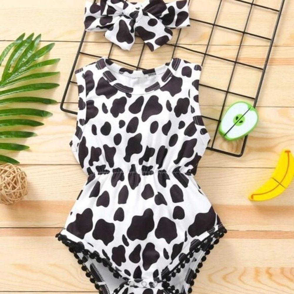 Boutique - Cow print onesie with matching bow